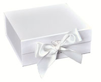 Matte White Magnetic Closure Collapsible Gift Boxes with Attached Ribbon